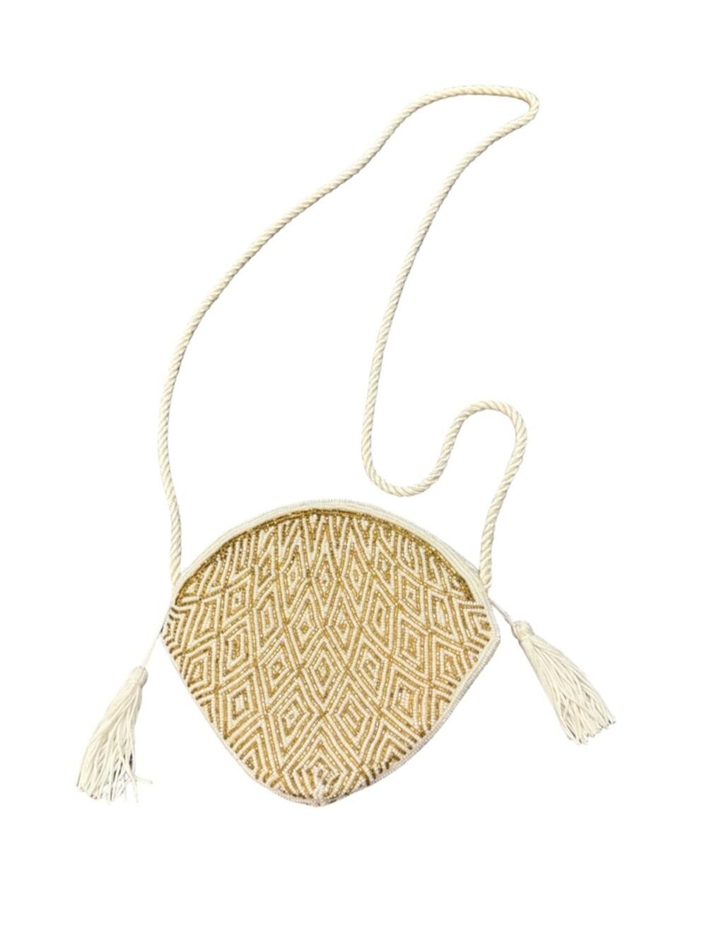 Vintage White & Gold Beaded Evening Purse with Tassel Strap – Boho Glam Bag